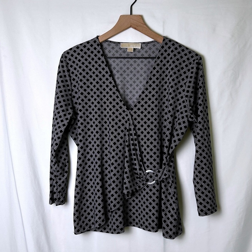 Michael Michael Kors Womens Geometric 3/4 Sleeve Wrap Top L Black White Office